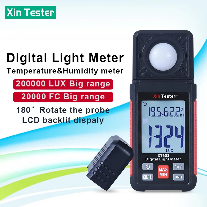 Xin Tester เครื่องวัดแสงลักซ์/เอฟซีเครื่องวัดความสว่าง200,000ดิจิตอลเครื่องมือ Spectrometer พร้อม XT603เครื่องวัดอุณหภูมิความชื้น
