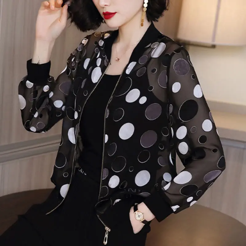 Fashion O-Neck Zipper All-match Printed Chiffon Shirt Women\'s Clothing 2022 Autumn New Oversized Casual Tops Loose Korean Blouse