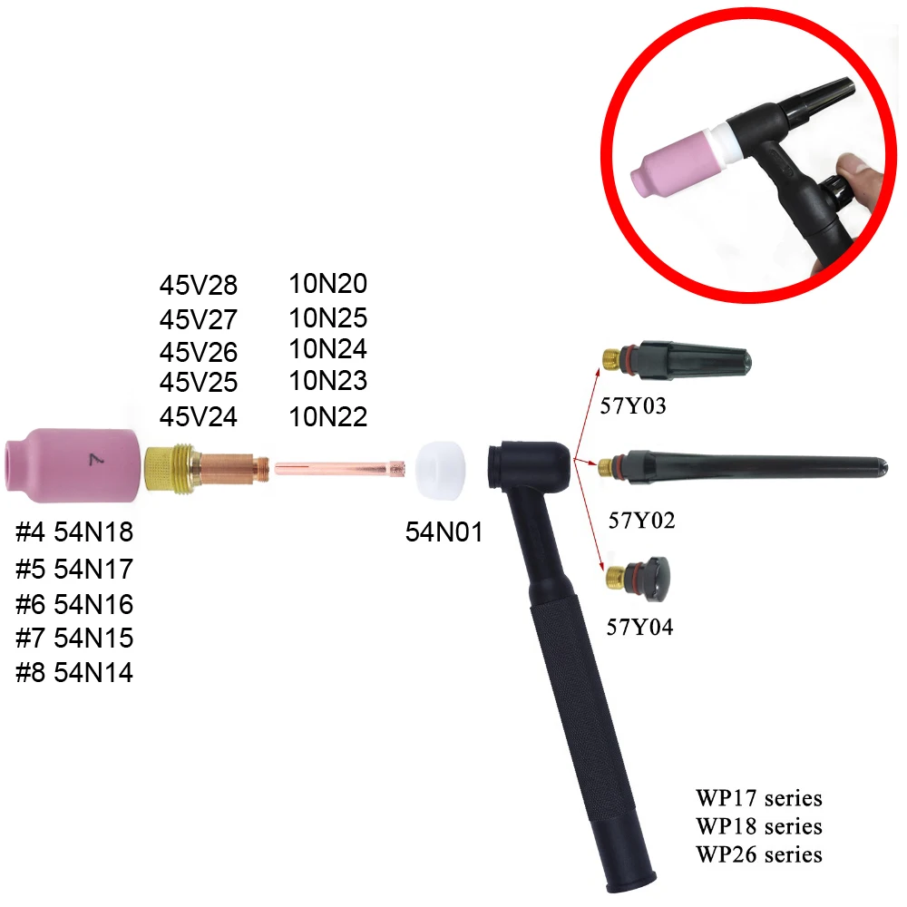 Imagem -02 - Tig Tocha de Soldagem 54n16 Cerâmica Bicos Tig Collet Corpo Médio Lente Gás 1.0 1.6 2.0 2.4 3.2 4.0 mm para Tig Wp17 Wp18 Wp26 Peças