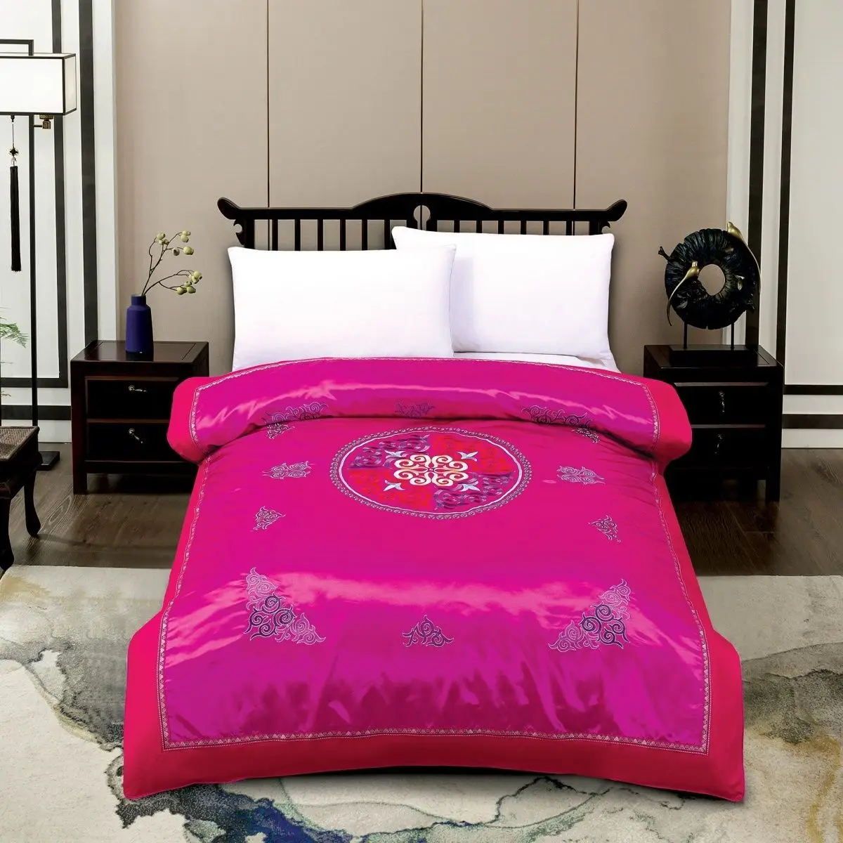 Glossy satin silk cover with zipper Embroidery floral bedspread home bedding