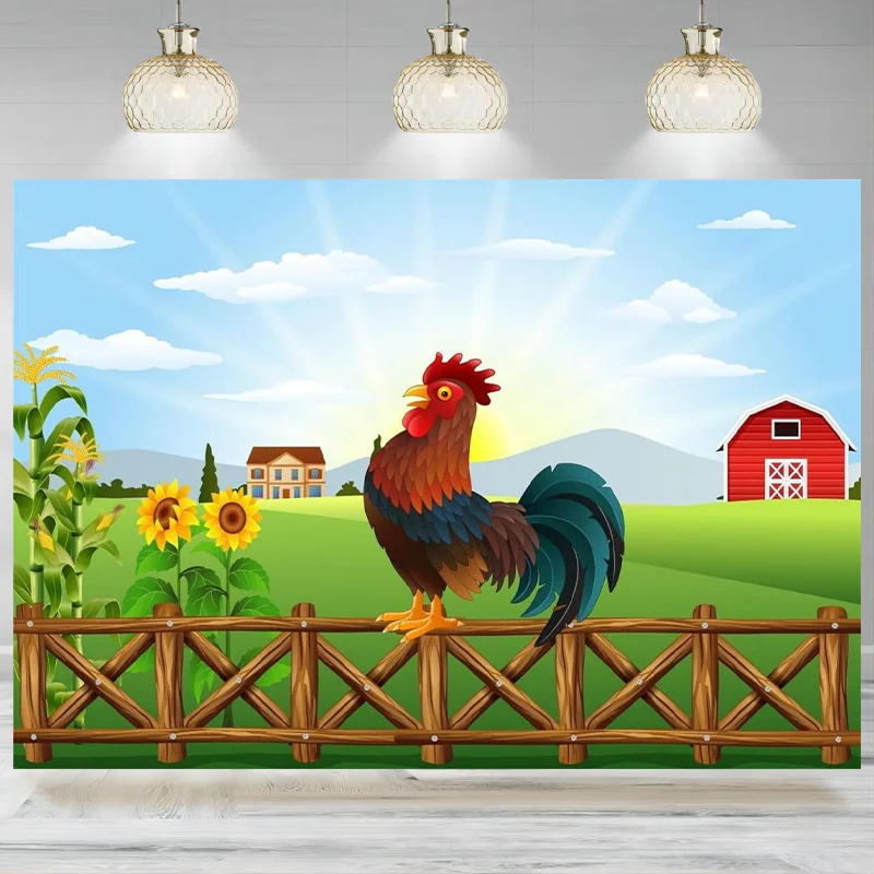 

Cartoon Farm Animals Backdrop Rooster Farm Morning Sunshine Photography Background Baby Shower Banner Birthday Party Decoration