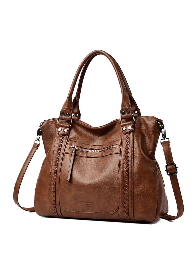 

Модная женская кожаная сумка-тоут большой вместимости, ретро-стиль, повседневная, мягкая кожа, на молнии