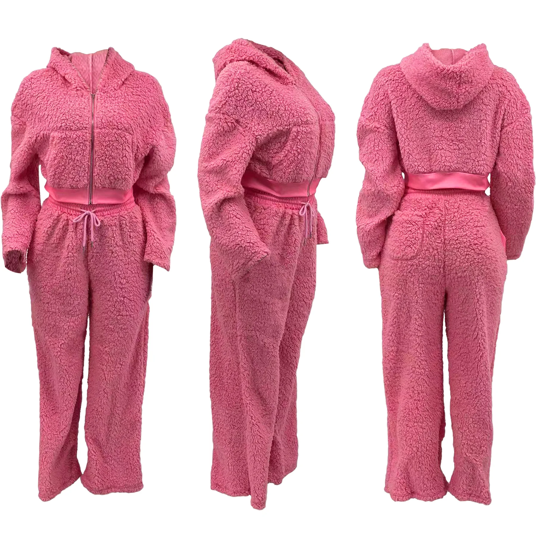 WomenFleece Two 2 Piece Sets Outfits Long Sleeve Warm Hooded Sweatshirt and Jogger Pants Suit 2024 Winter Tracksuit Matching Set