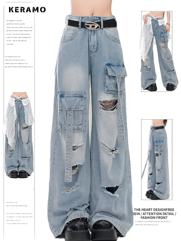 

American Vintage Ripped High Waist Jeans Women's Casual Grunge Street 2000s Pants Y2K Wide Leg Washed Baggy Denim Trouser