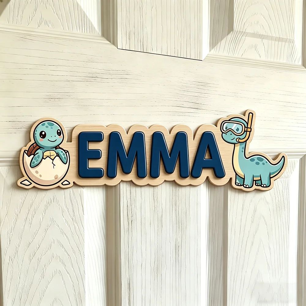 Whimsical Sea Turtle & Snorkeling Dinosaur Name Plaque for The Dearest Baby, Neutral Unisex Nursery Decor