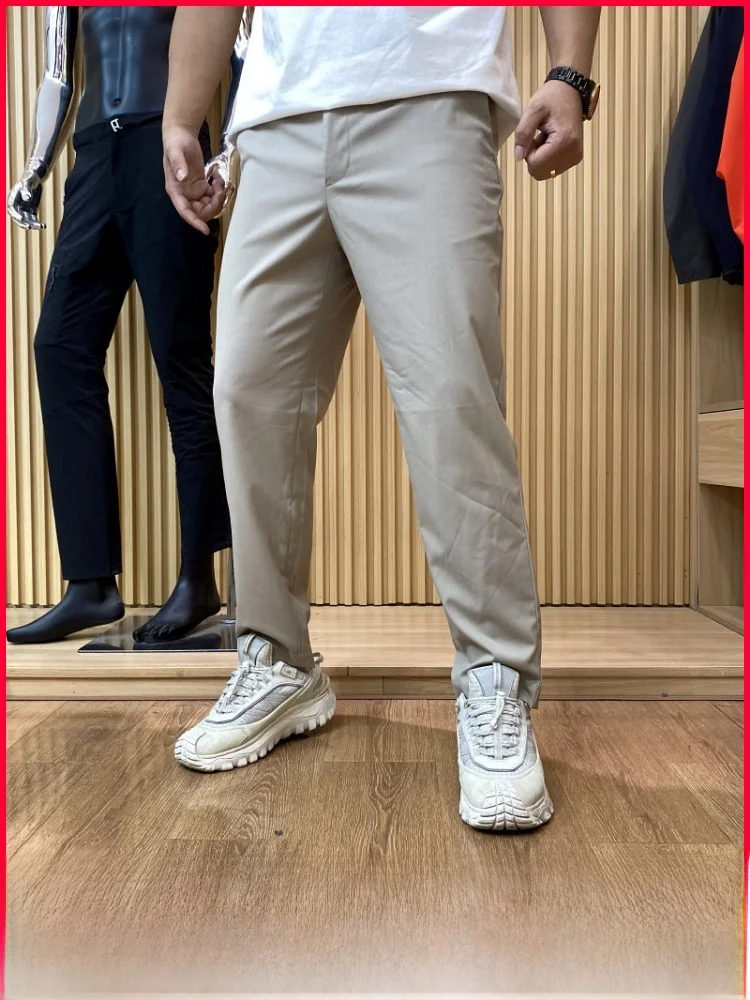 

Lightweight Breathable Busin Casual Nine-Piece Pants Elastic Soft Summer Trousers Straight Leg mid Waist Button Closure