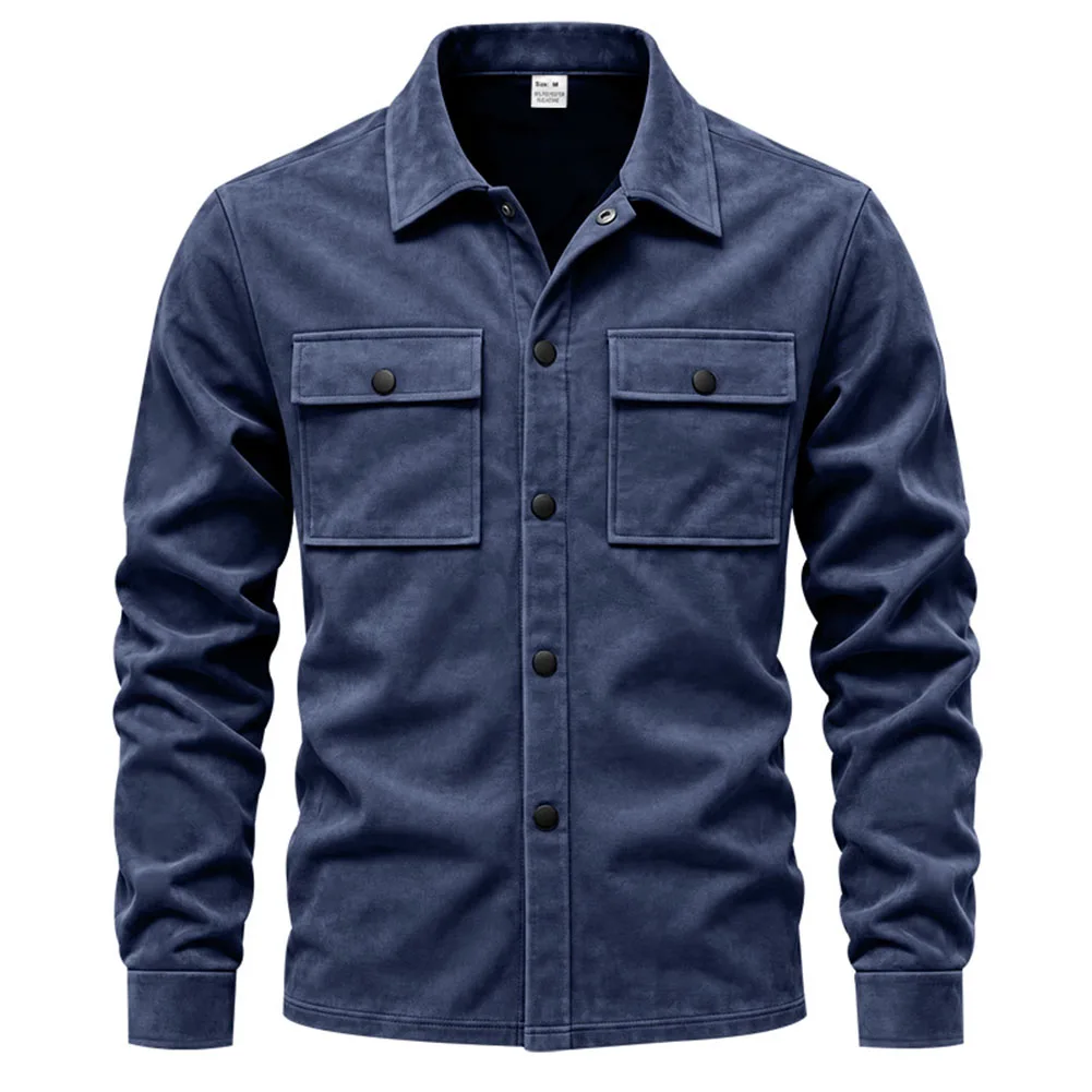 Mens Suede Shirt Casual Button Down Long Sleeve Lapel Collar Tops Streetwear Commuting Long-sleeved Jacket Shirt Men