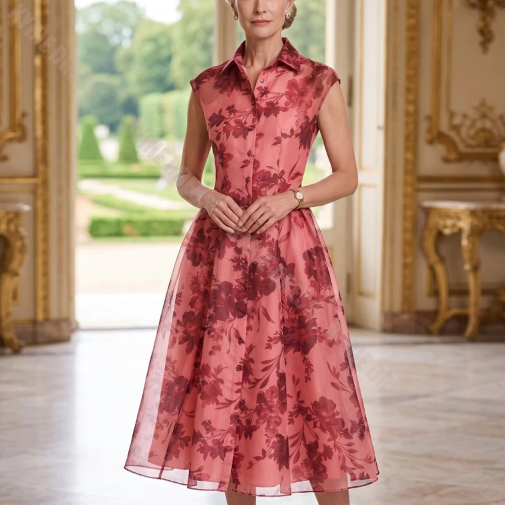 Modern Mother of The Bride Dresses Customized Lapel Sleeveless Floral Print Tulle Women Wedding Guest Dresses Party Evening Gown