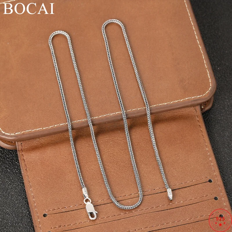 BOCAI S925 Sterling Silver Necklace for Men Women Fashion Snake Bone 1.5mm 2.0mm 3.0mm Horsewhip-chain Jewelry