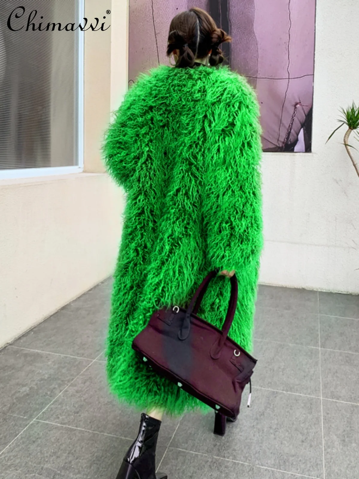 Autumn and Winter New High-End Luxury Green Furry Fur Coat Fashion Loose-Fit Long Sleeves Mongolia Sheep Fur Long Fur Jacket