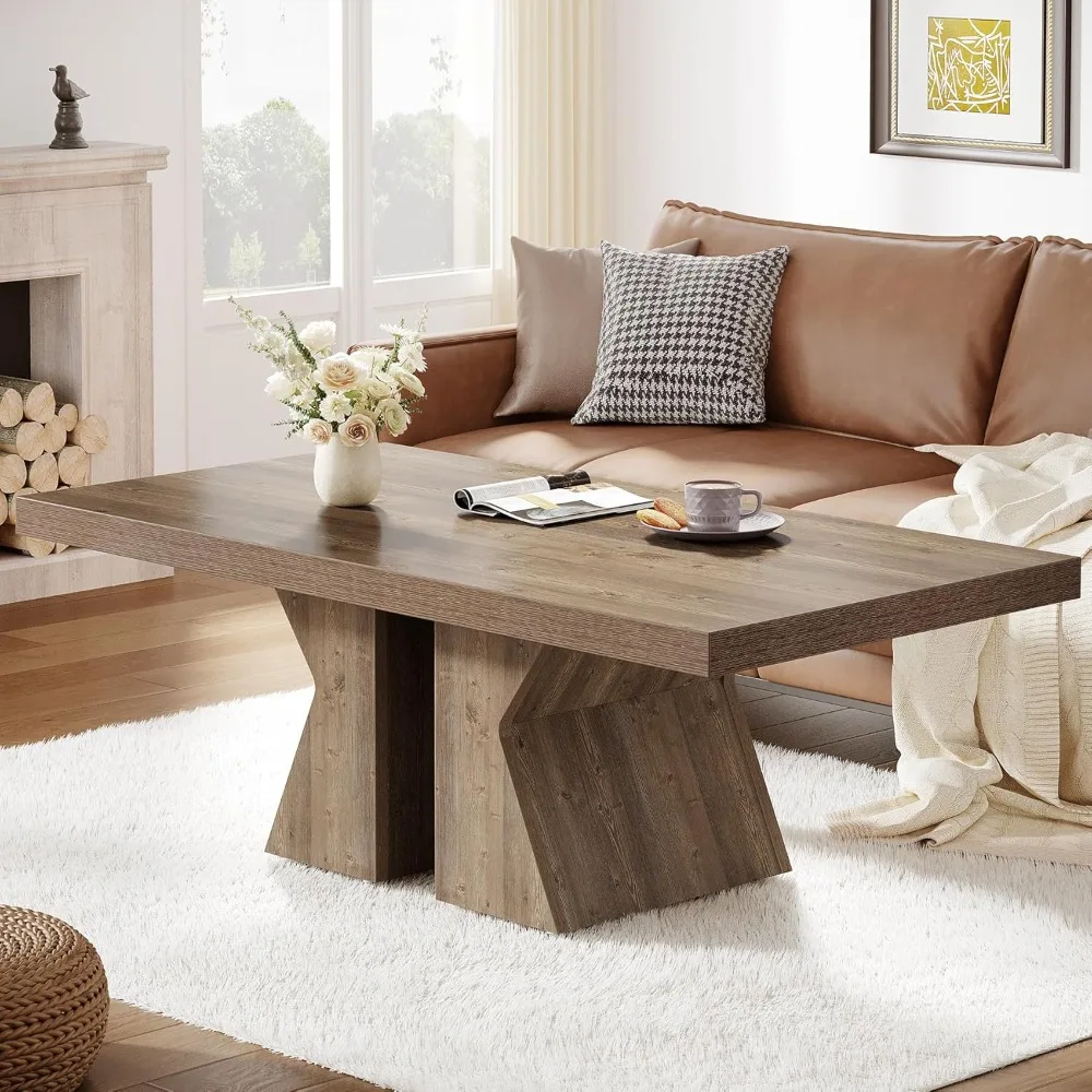 47-Inch Rectangular Center Table with Thick Wooden Base, Farmhouse Wood-Look Cocktail Table for Living Room，Wood Coffee Table