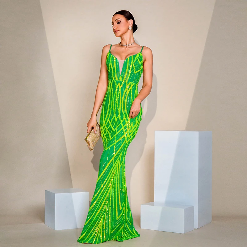 Elegant Sexy Women Spaghetti Strap Backless V Neck Green Sequined Sheath Cocktail Prom Evening Party Long Dress For Ladies