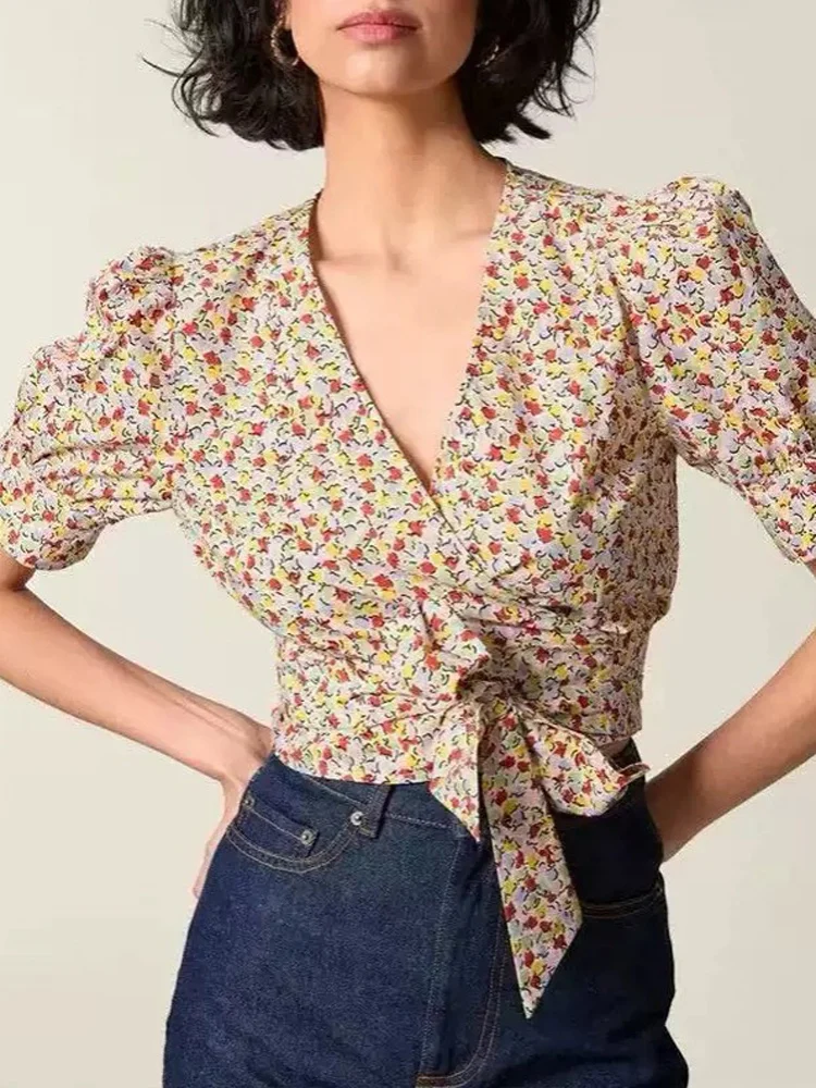 

7U ROU25 Summer Small Fragrance Style Printed V-neck Bubble Sleeve Belted Shirt Women's Slim Fit Cotton Short Sleeve Top