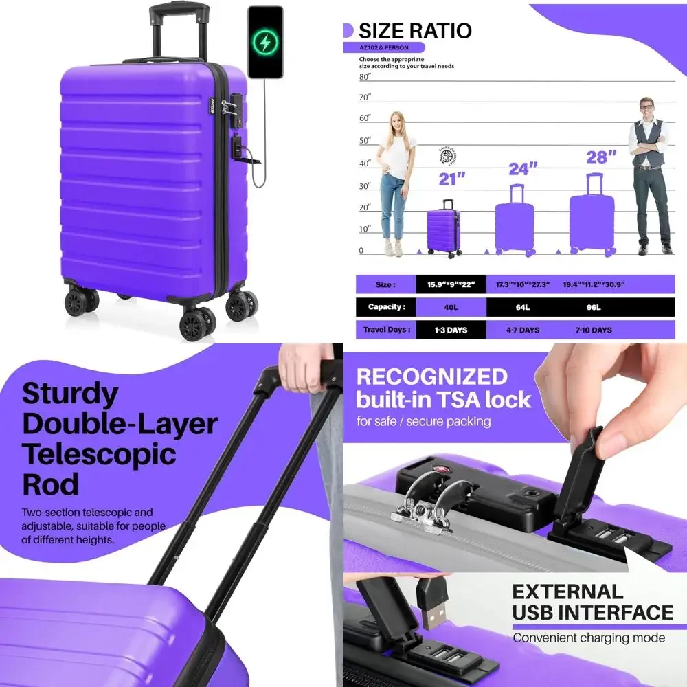 

Lightweight Hardside ABS Carry-On Luggage with USB Port, Wheels, and TSA Lock for Kids - Purple Violet Suitcase