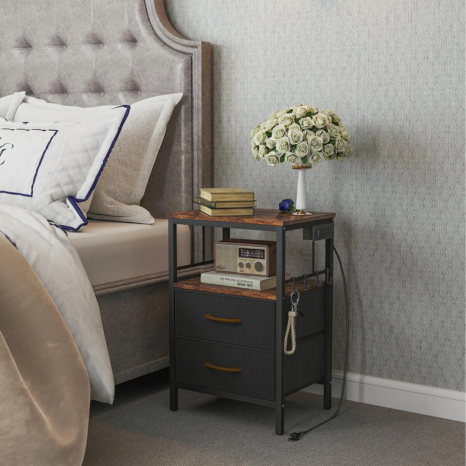 Rustic Brown Nightstand with Charging Station & USB Ports, Fabric Drawers & Open Shelf for bedroom Decor