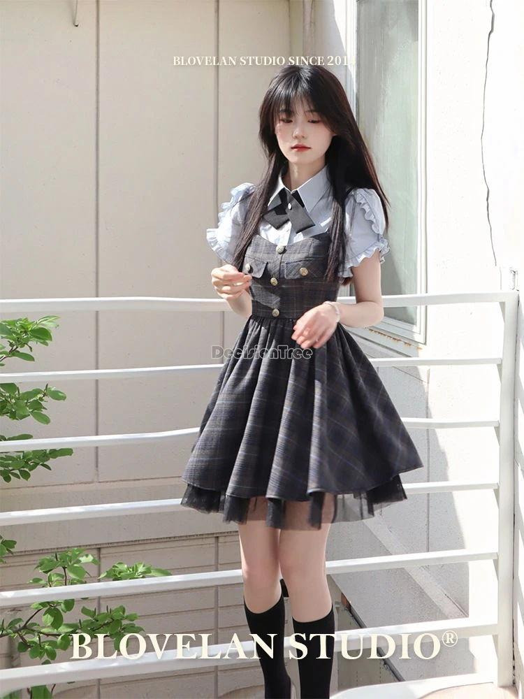 2024 chinesische Akademie Stil klassische JK Uniform einfache Stringy Web kante Design Shirt Plaid Element Taille Cinch ing Strap srock