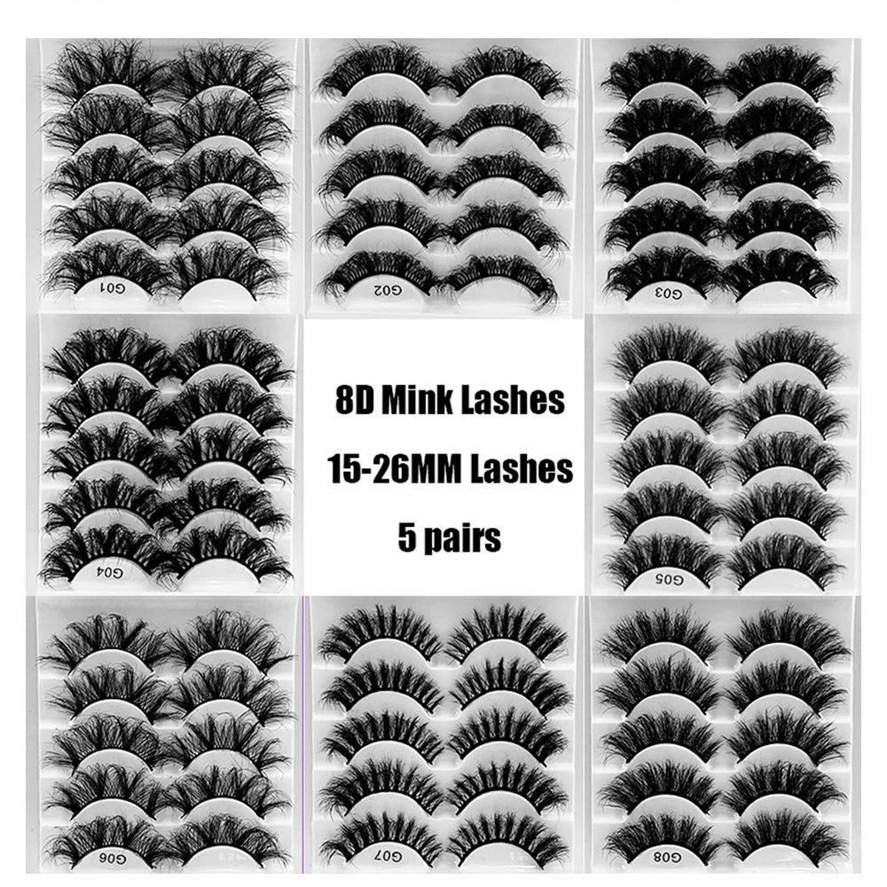 15-26mm lashes 5 pairs 8D Mink Lashes Dramatic Fake Lashes Soft Wispy Natural Thick False Eyelashes Reusable Eyelashs Mkeup Tool