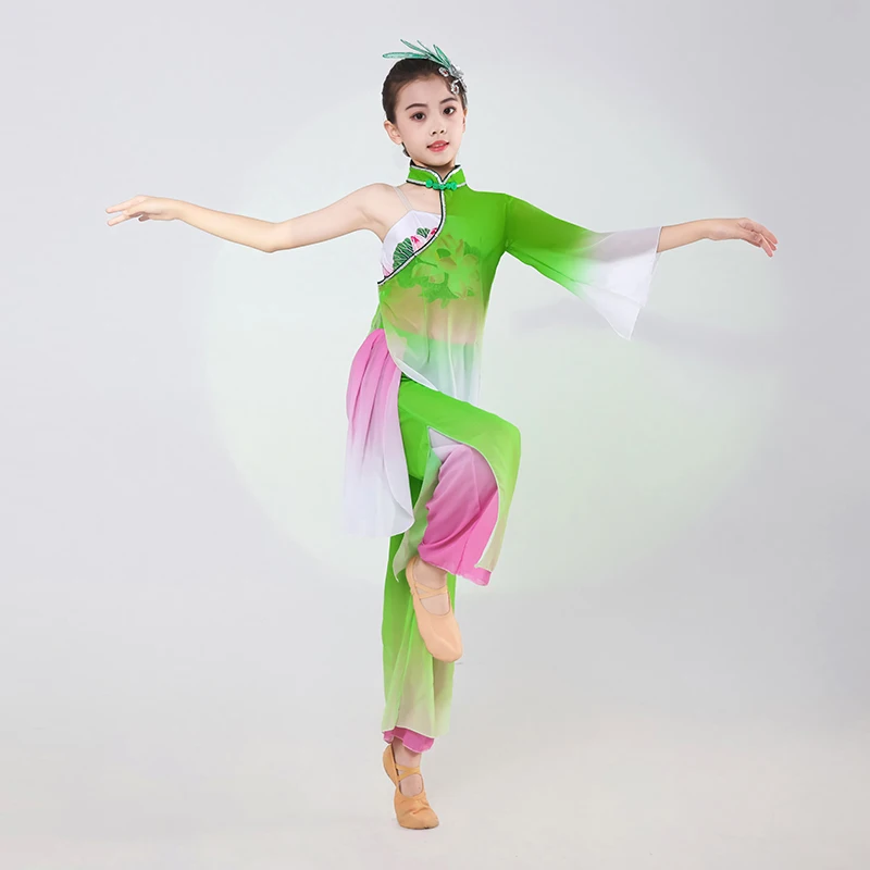 Ropa de danza clásica Yangko para niñas, trajes nacionales Hanfu de danza moderna, abanico de paraguas para niños, ropa Hmong para actuación