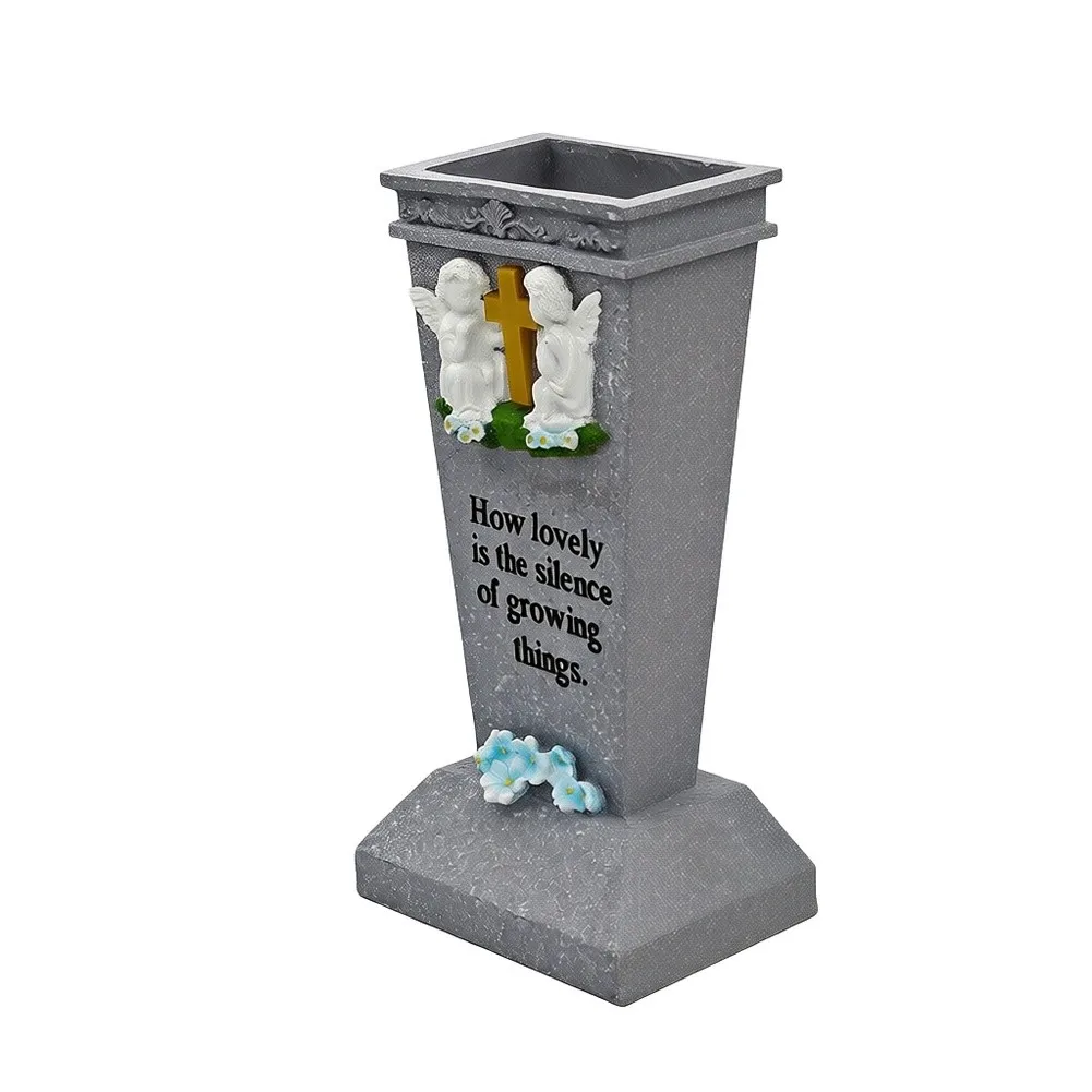 Memorial Flower Holder in Resin with Two Praying Angels and For Cross Symbol for Graveside Decoration and Honoring Loved