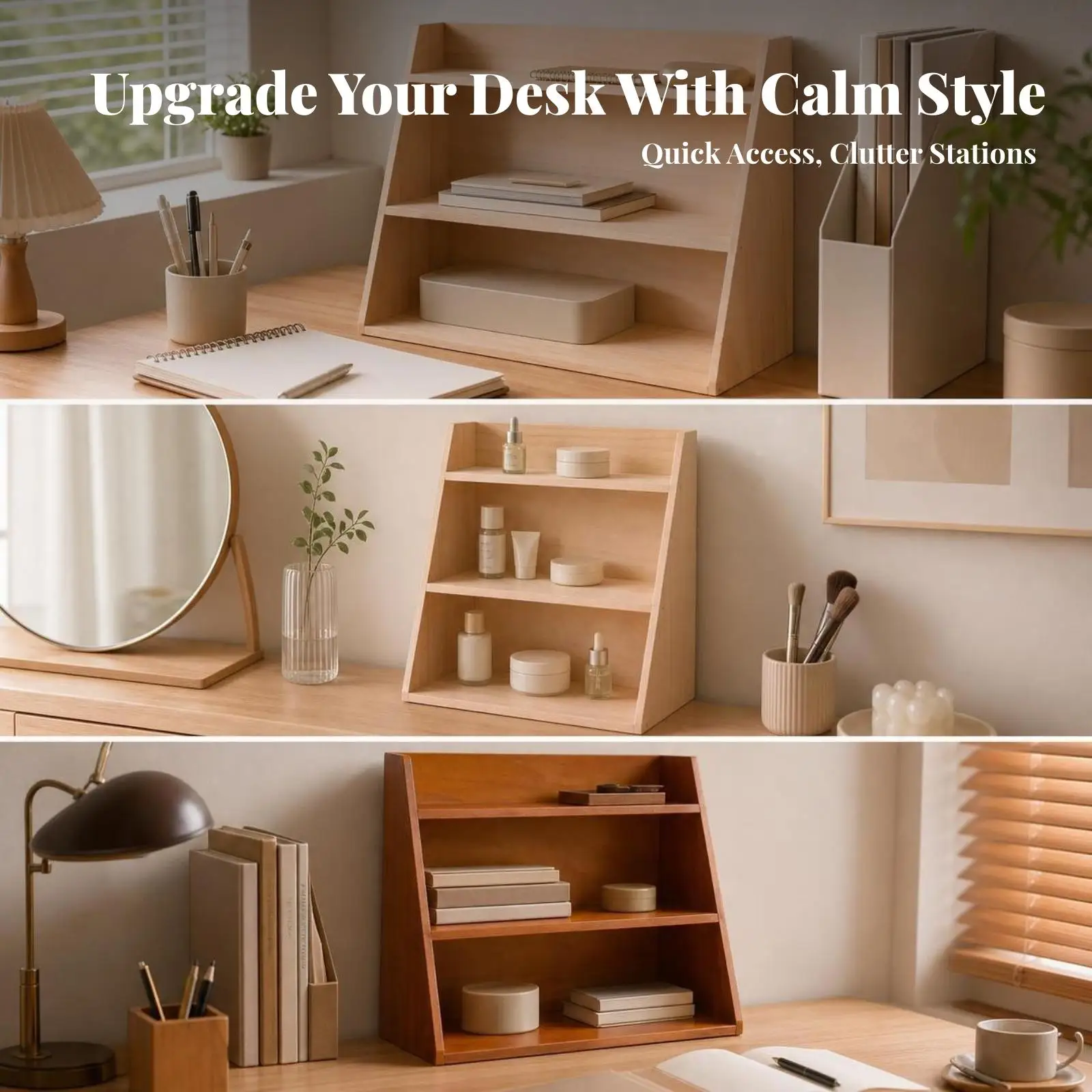 Space Saving Desk Shelf Organizer for Office Multilayer Wooden Storage Rack with Angled Side Panels for Study Room
