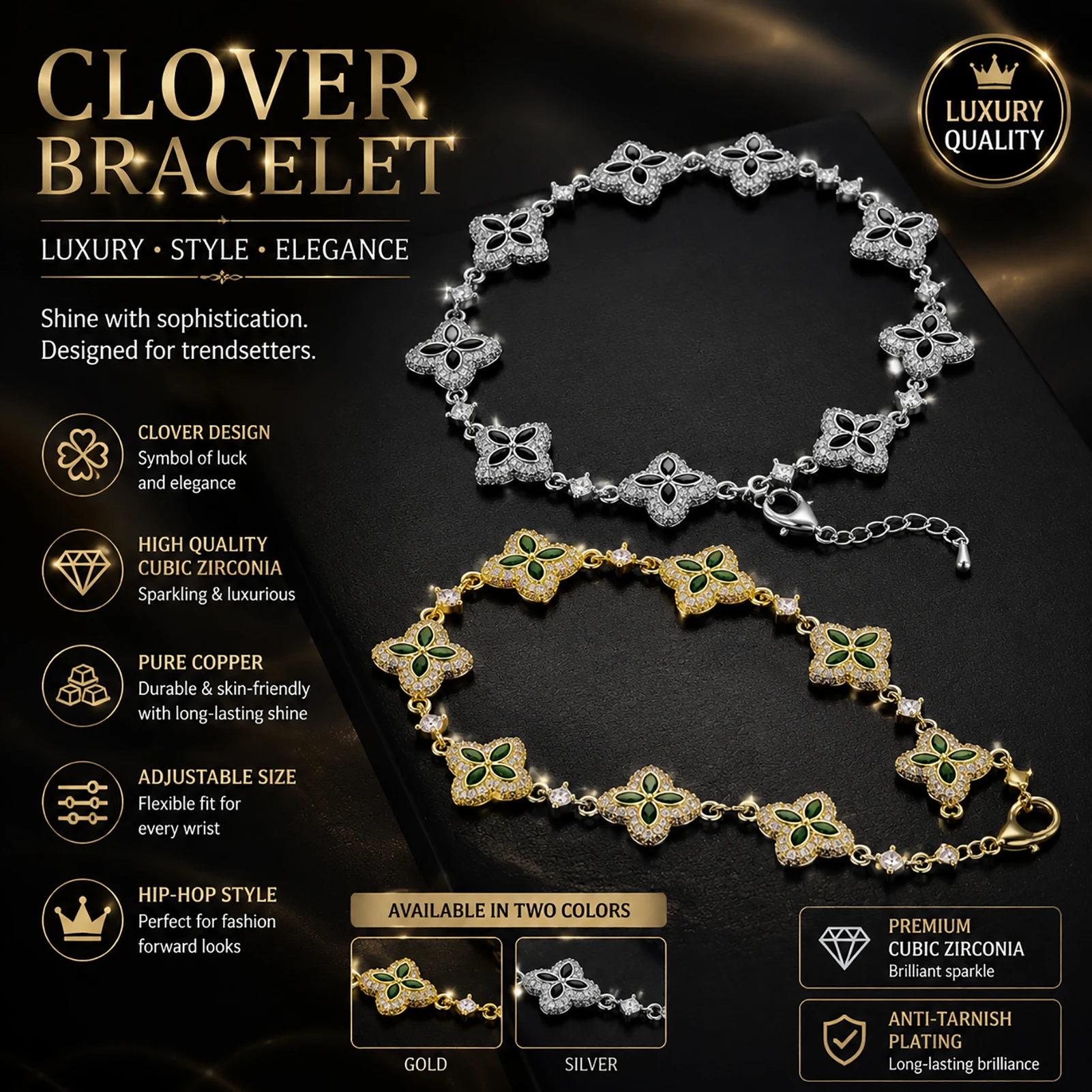 JINAO Hip-Hop Iced Out Grün-Schwarzes Glücksstern-Blatt 8 Blumen Luxuriöses Mode-Tennisarmband-Set Schmuck Geschenk für Männer – Detail 1