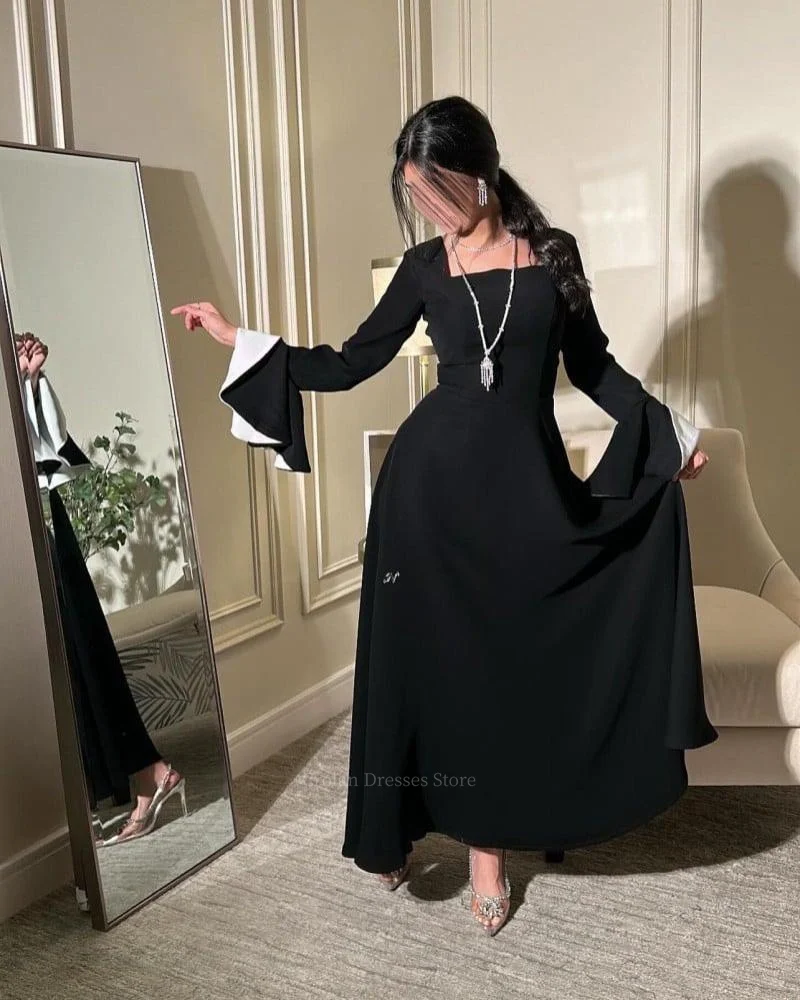 Elegant Square Collar Long Sleeves Evening Dresses Soft Dignified Bell Sleeves Ankle-Length Valentine's Day Dating Dancing Dress