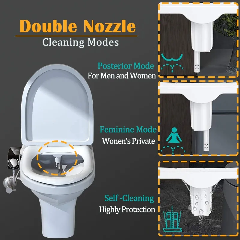 Ultra-Slim Toilet Bidet Attachment Cold Water Sprayer Dual Nozzles Non-Electric Bathroom Self Cleaning Bidet Accessories Sprayer