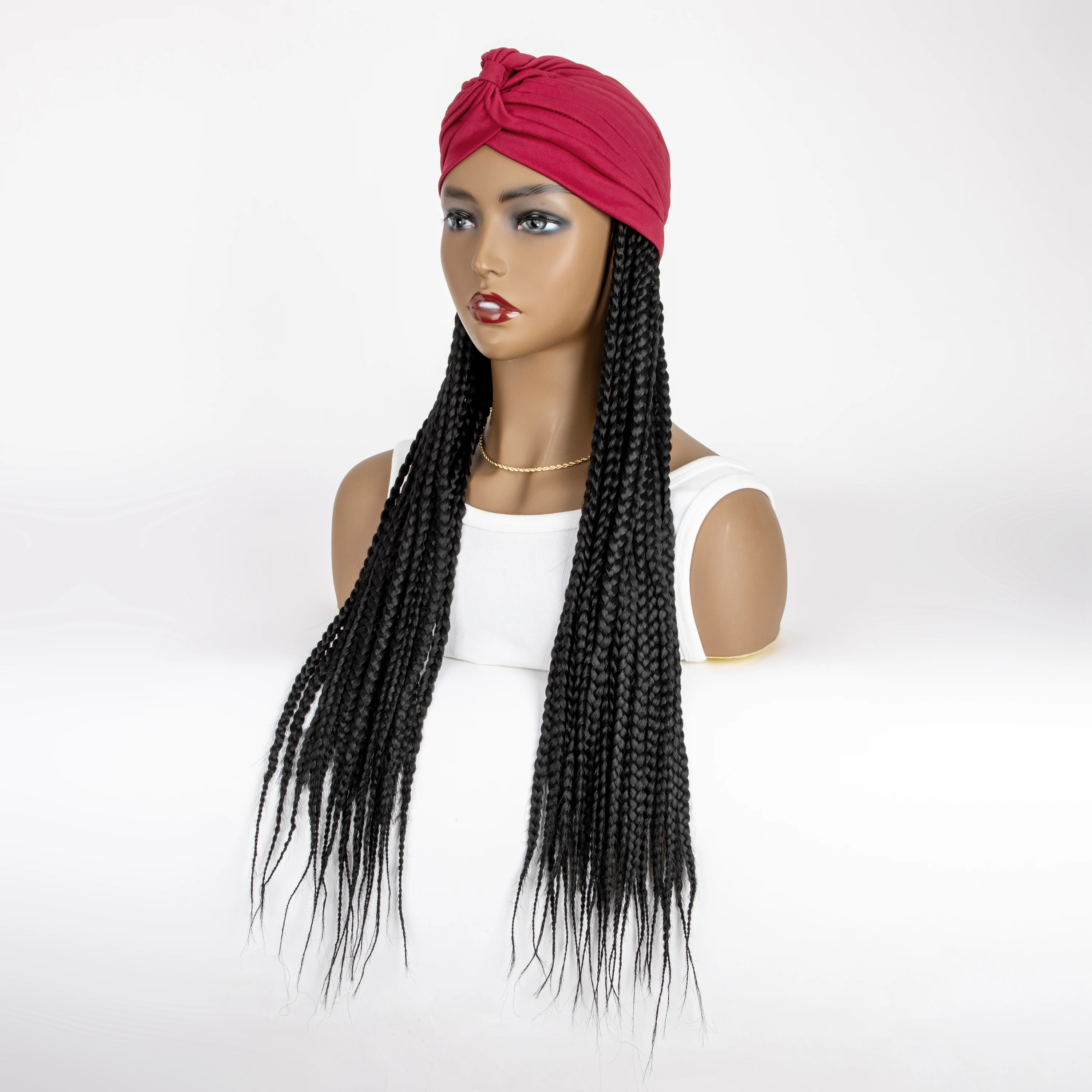 Peluca de diadema sintética trenzada con caja negra para mujer, extensiones de pelo trenzado turbante de rojo, pelucas de peinado, 24 pulgadas de largo