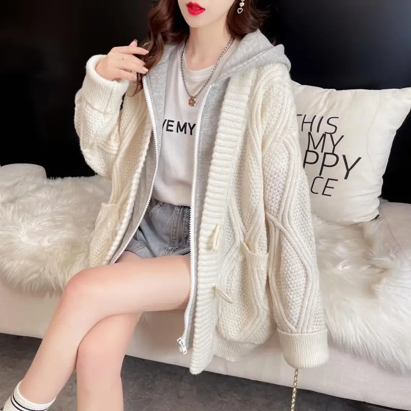 Women's Patchwork Fake Two Piece Hooded Sweater Coats Spring Fall Lady Casual Knitted Jacket Daily Joker Cardigan Female 2025