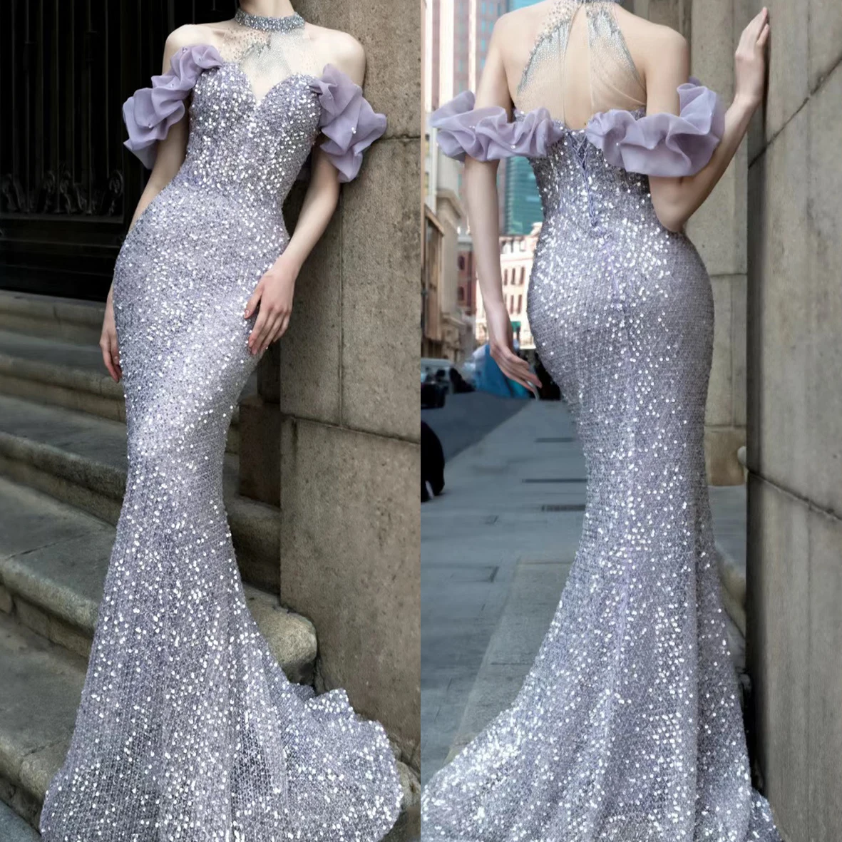 Sexy Halter Off Shooulder Backless Evening Party Dress Purple Sequin Mermaid Slim Formal Party Dress Female Qipao Banquet Dress