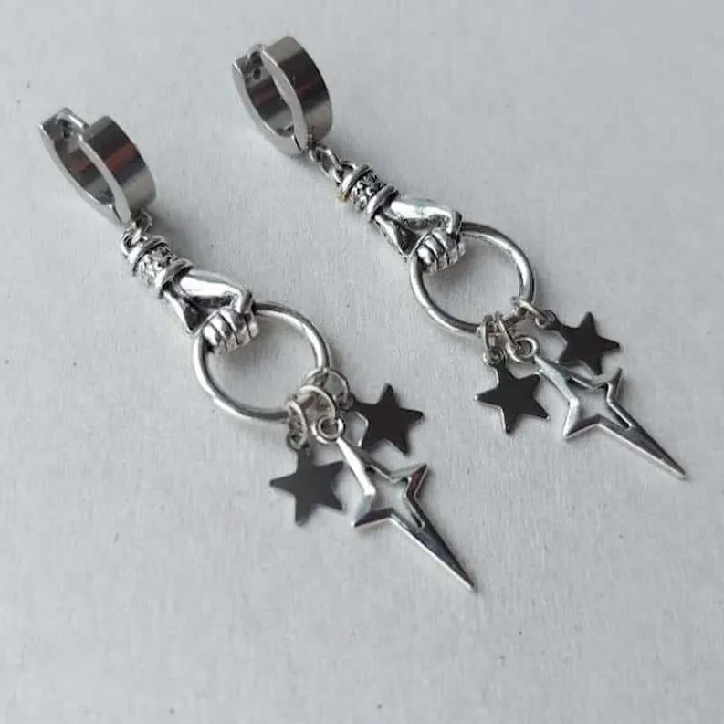 Star hand earring,punk jewelry,Starlight,silver Color,Pentagram,Goth,Hippie, rock, design sense,handmade, ear hook For Women Man