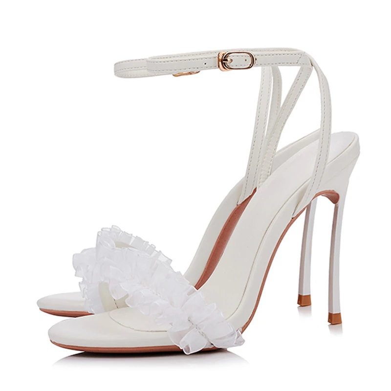 Sexy White Black Ruffles Open Toe Blade Heels Sandals Metal Stiletto High Heel Cross Ankle Strap Women Wedding Shoes - view 3