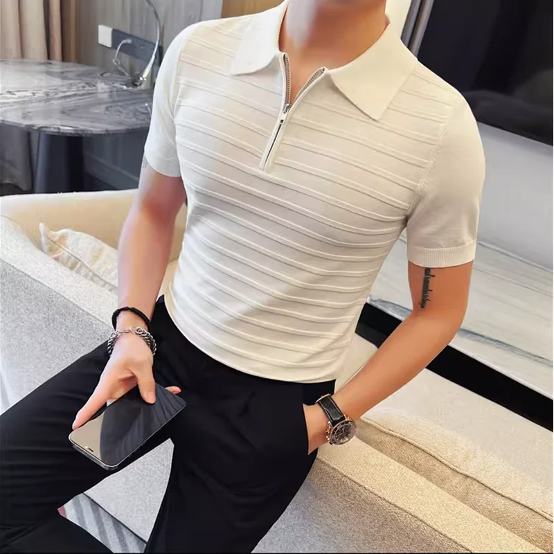 

Летние модные поло с полумолнией и полосками, мужские трикотажные футболки с коротким рукавом из ледяного шелка, повседневные универсальные деловые топы