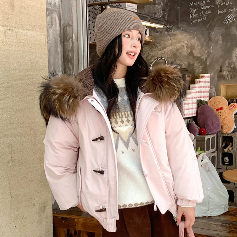 Women's Autumn Winter Top Coat Cotton Coat Fur Collar Horn Button Hood Thickened Warm Retro Comfortable Casual Niche Versatile