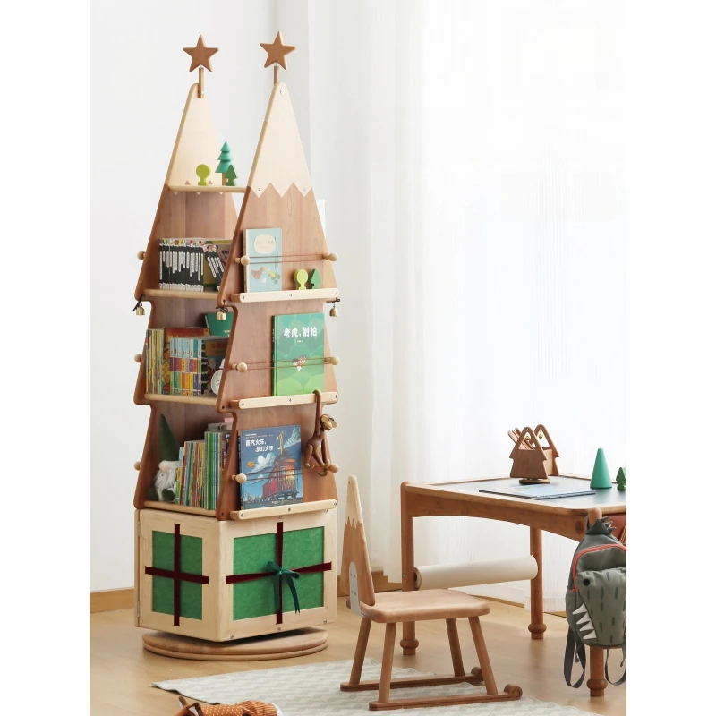 

Christmas tree rotating bookshelf children's bookcase reading corner black walnut cherry solid wood storage picture book rack