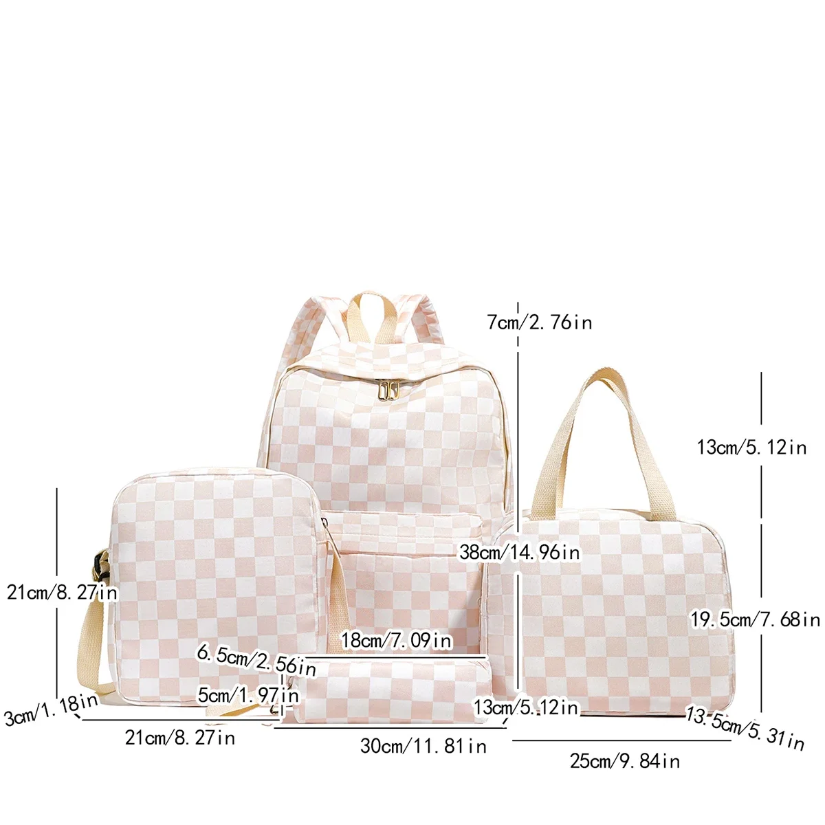 Checkerboard 4Pcs Backpack Set Crossbody&handbag&Pen Case Stitching Multi Pocket Adjustable Straps Campus Commute Bundle