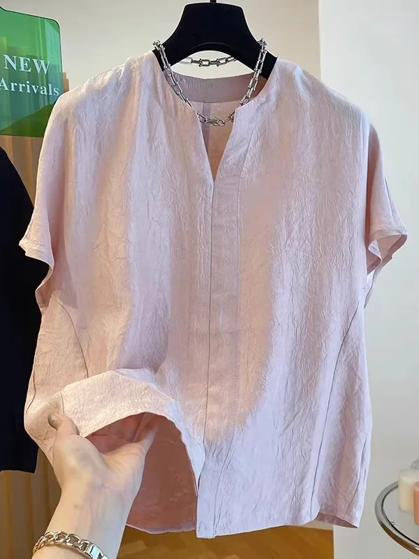 Retro V-ne ort Sve T-irt Women's Summer Loose Fit Texture Sensation Slimming Top Commute Sle Basic  Color