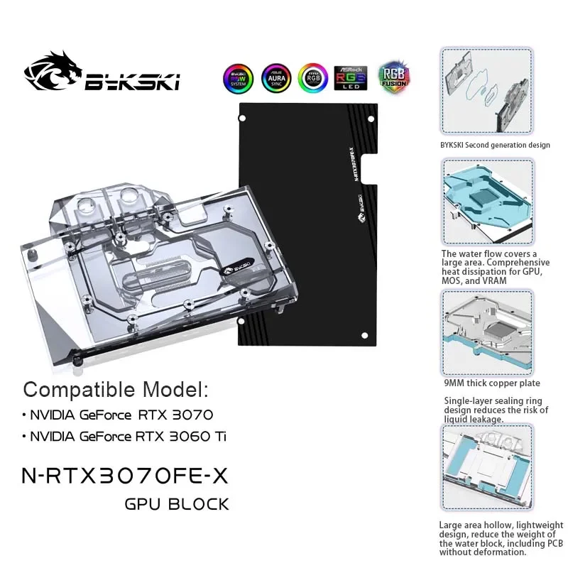 Bykski N-RTX3070FE-X Water Block Use for NVIDIA RTX 3070 Founder Edition /NVIDIA RTX 3060 TI GPU Card/Full Cover Copper Radiator