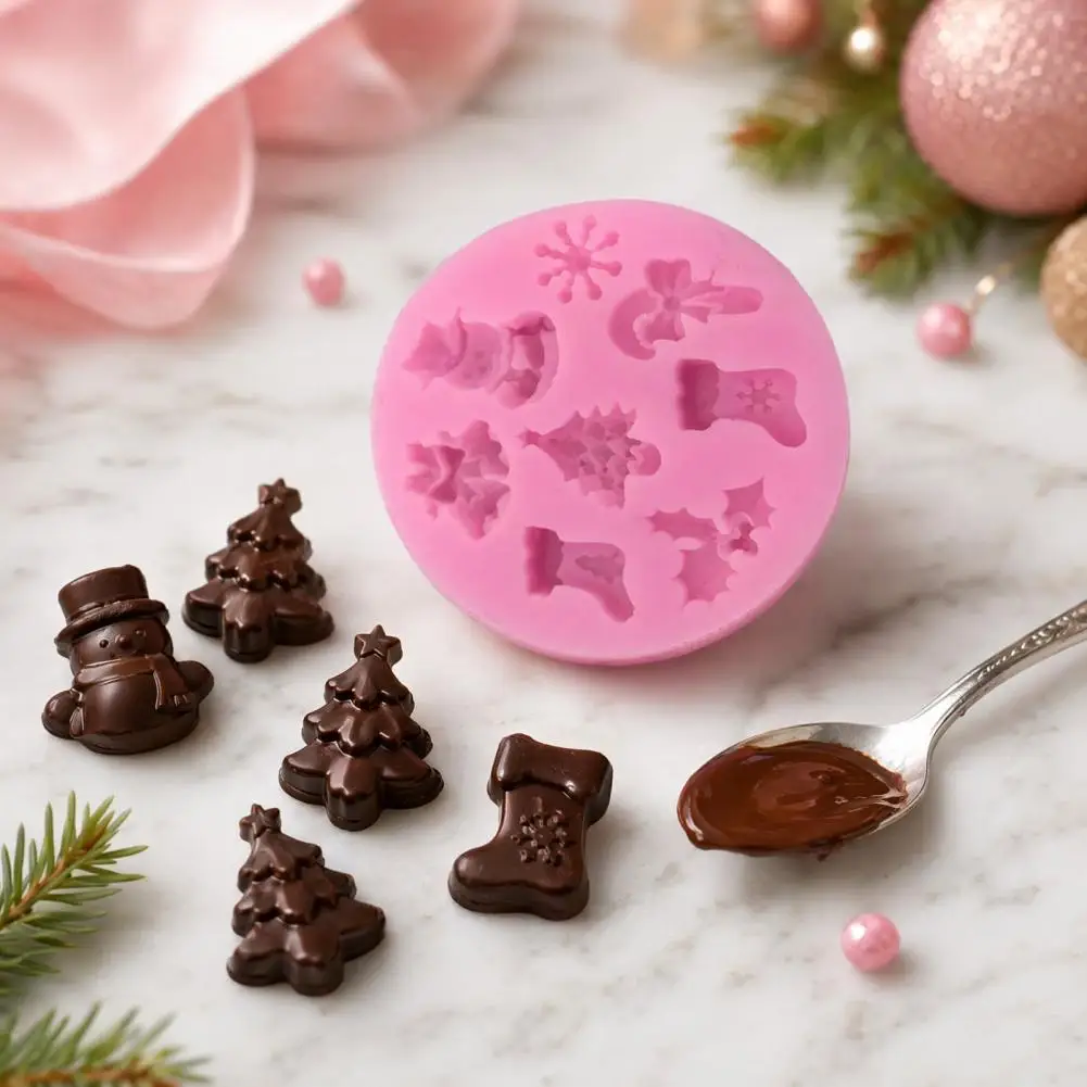 Holiday Chocolate Mold Christmas Silicone Mold Set with 8 Holiday-themed Shapes Non-stick Durable Baking Trays for Chocolates