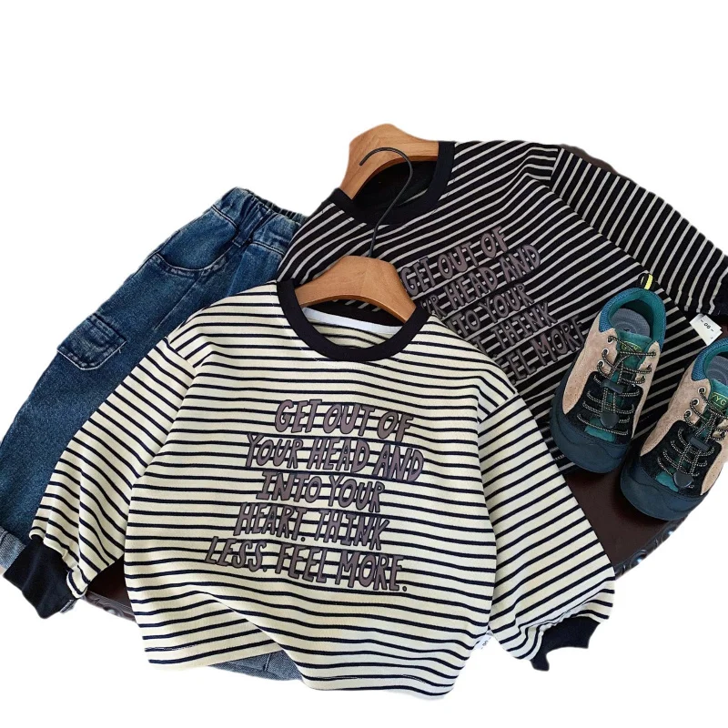 ChildrenTT-shirt2024Autumn New Striped Letters round Neck Short Sleeve Bottoming Shirt Trendy TopG0357