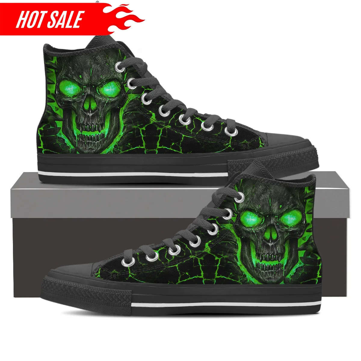 Canvas High Top Flat Shoes for Man Green 3D Lava Skull Print Casual Lace Up Sneakers for Male Comfort zapatos hombre