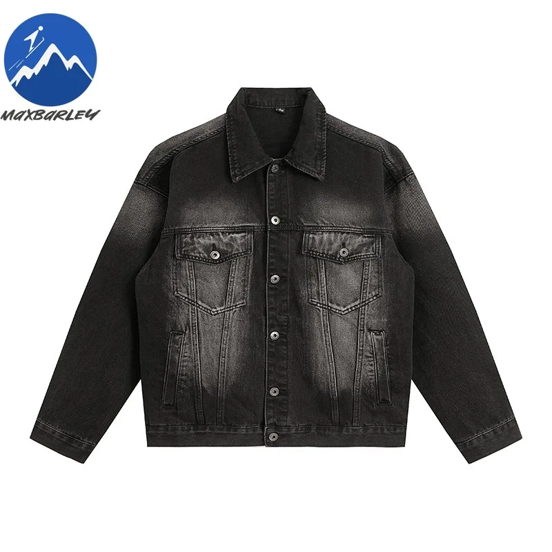 

Maxbarley Bleached Black Denim Jacket Mens New Spring Autumn Ins Premium Loose Denim Coat American Wash Turndown Collar Garment