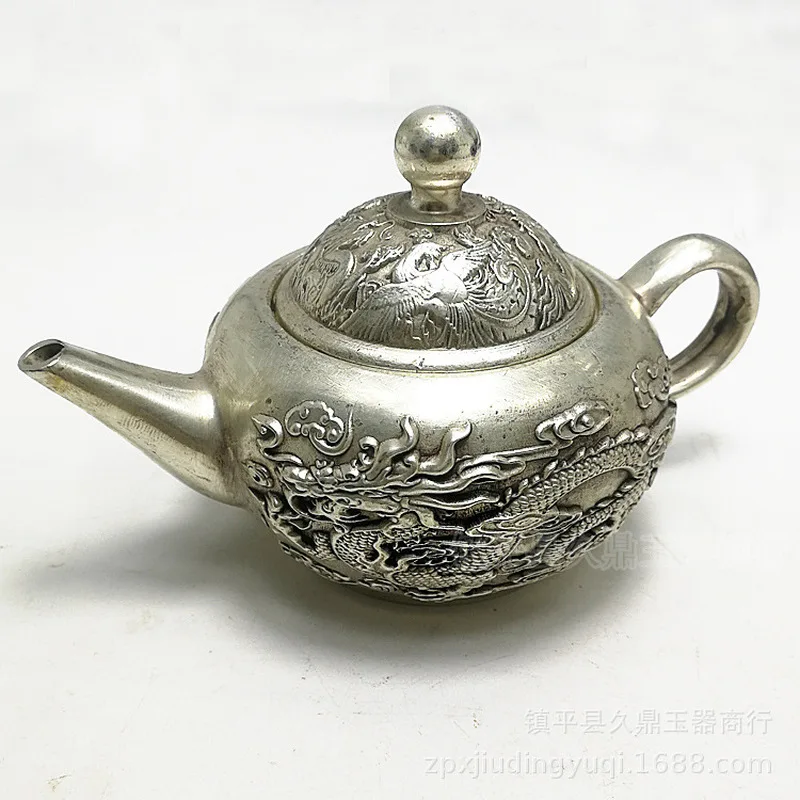Antique Miscellaneous Items: Distressed Dragon Phoenix Teapot, Silver Decorative Pieces for Home and Office