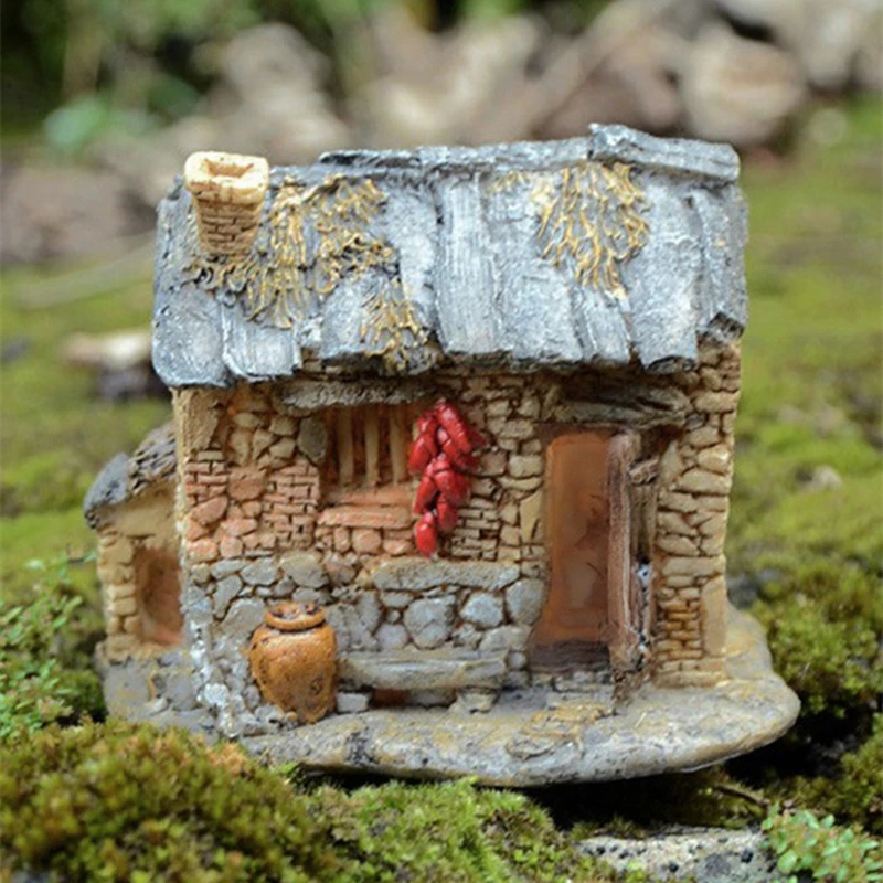 Miniature Thatched Cottage House Statue Fairy Garden Landscape Outdoor Lawn Decorative Villa Ornament Flowerpot Accessories