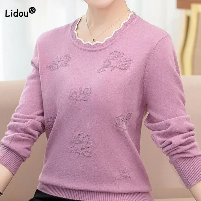 Women's Clothing Simplicity Round Neck Diamonds Sweaters 2023 Autumn Winter Casual All-match Long Sleeve Knitted Pullovers For