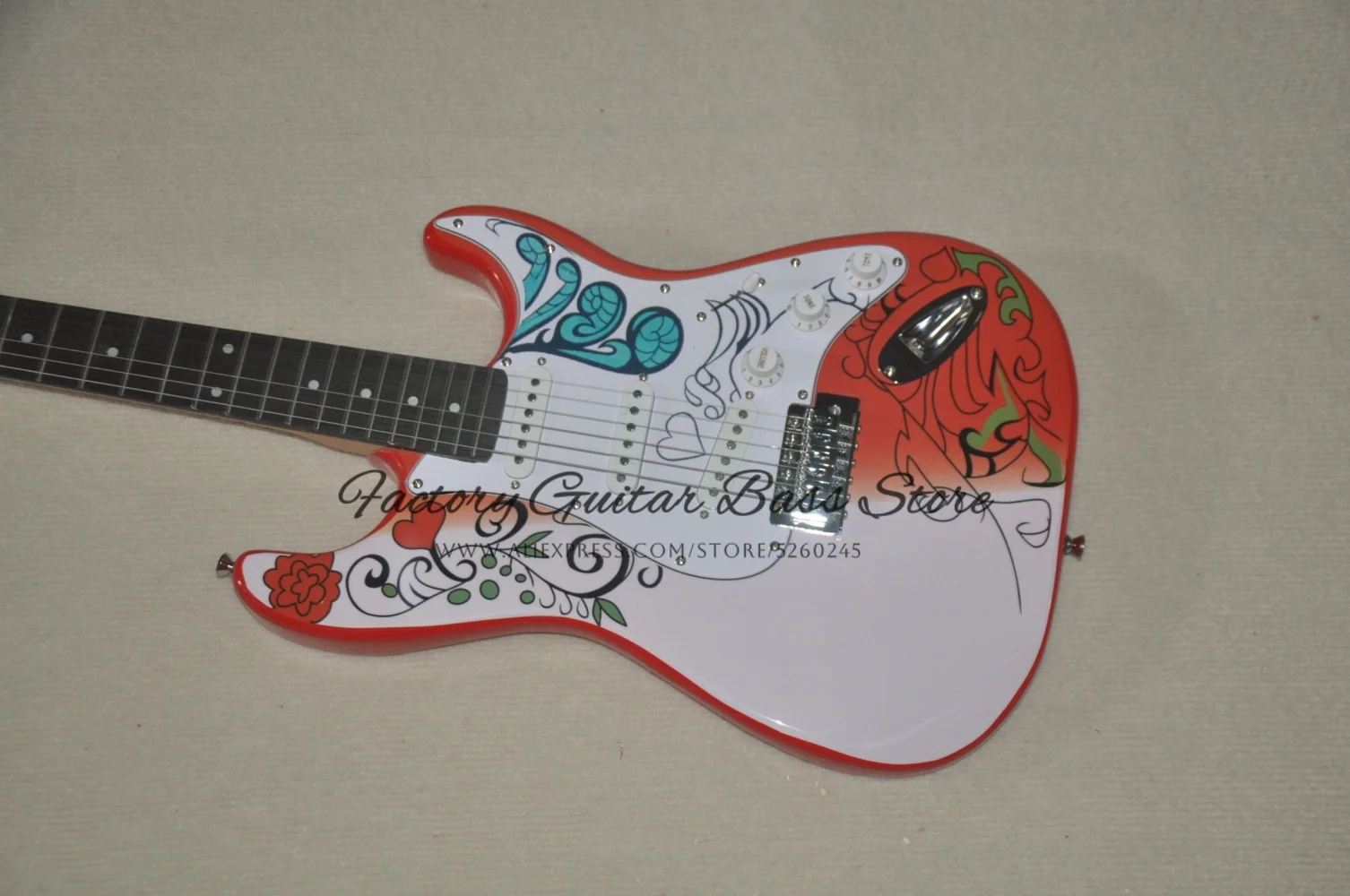 In stock, red guitar, white floral pattern, single pickguard, solid wood body, maple neck, vintage tuner