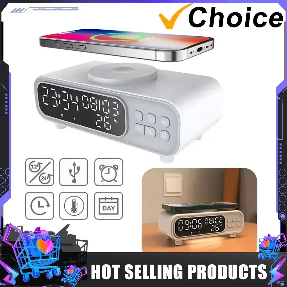 LED Novelty Lightng Thermometer Time Alarm Clock Night Lights Multi Wireless Charger For iPhone Samsung Fast Charging Station