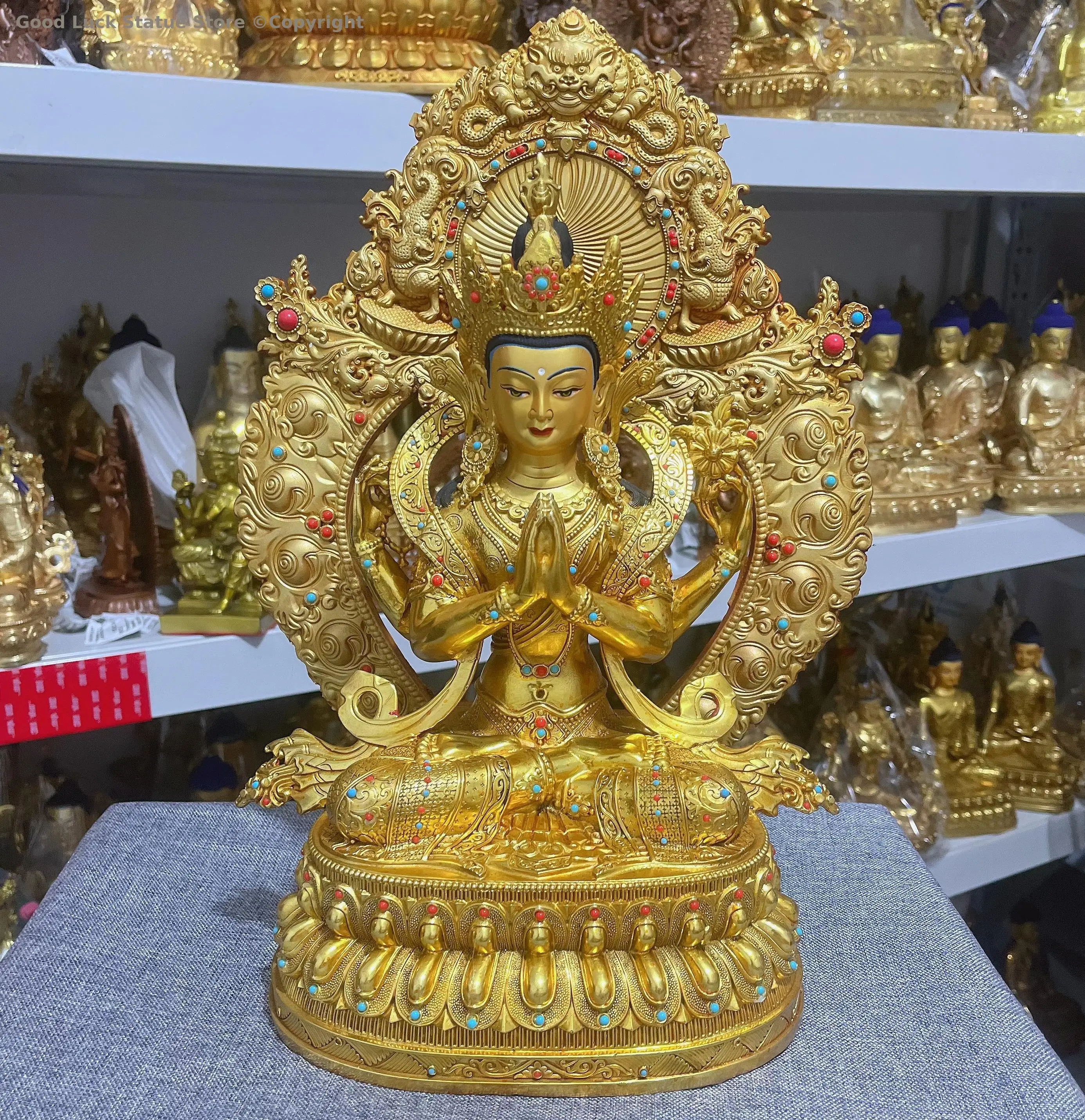 Buddhism Family Protector buddha Four armed Guanyin figure of Buddha gilding Buddha Statue temple Buddhist monk worship protect