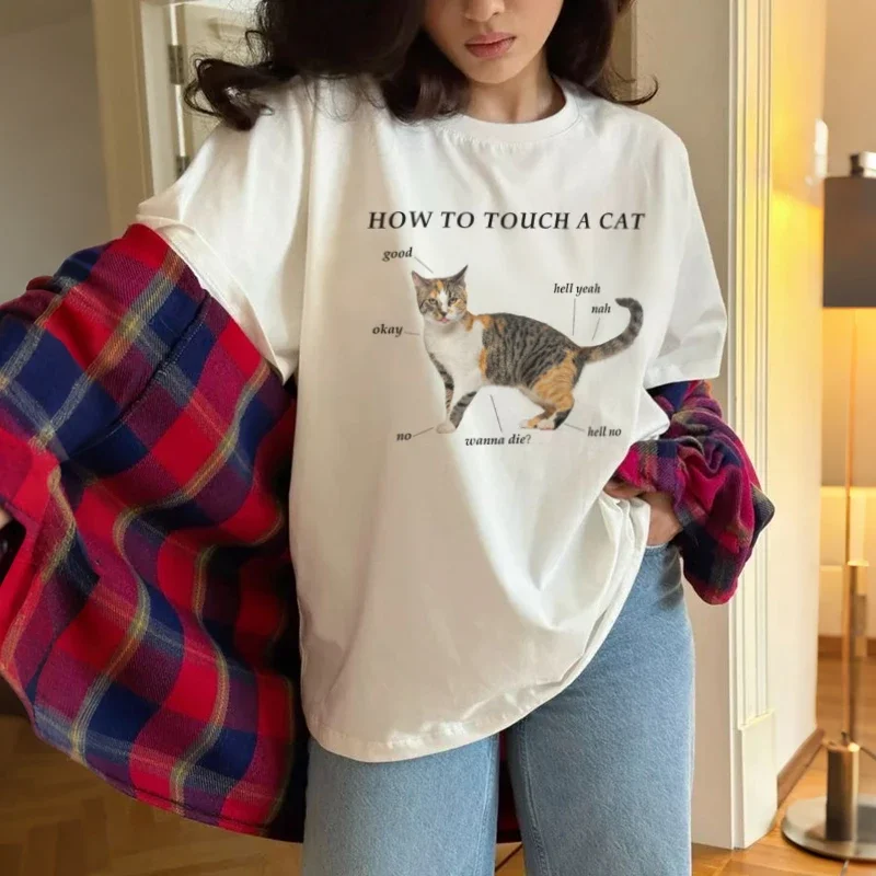 

Женская футболка с коротким рукавом, милая забавная футболка с котенком, повседневная свободная футболка с изображением кота и мамы, эстетичная футболка для любителей кошек, женская модная футболка, подарок