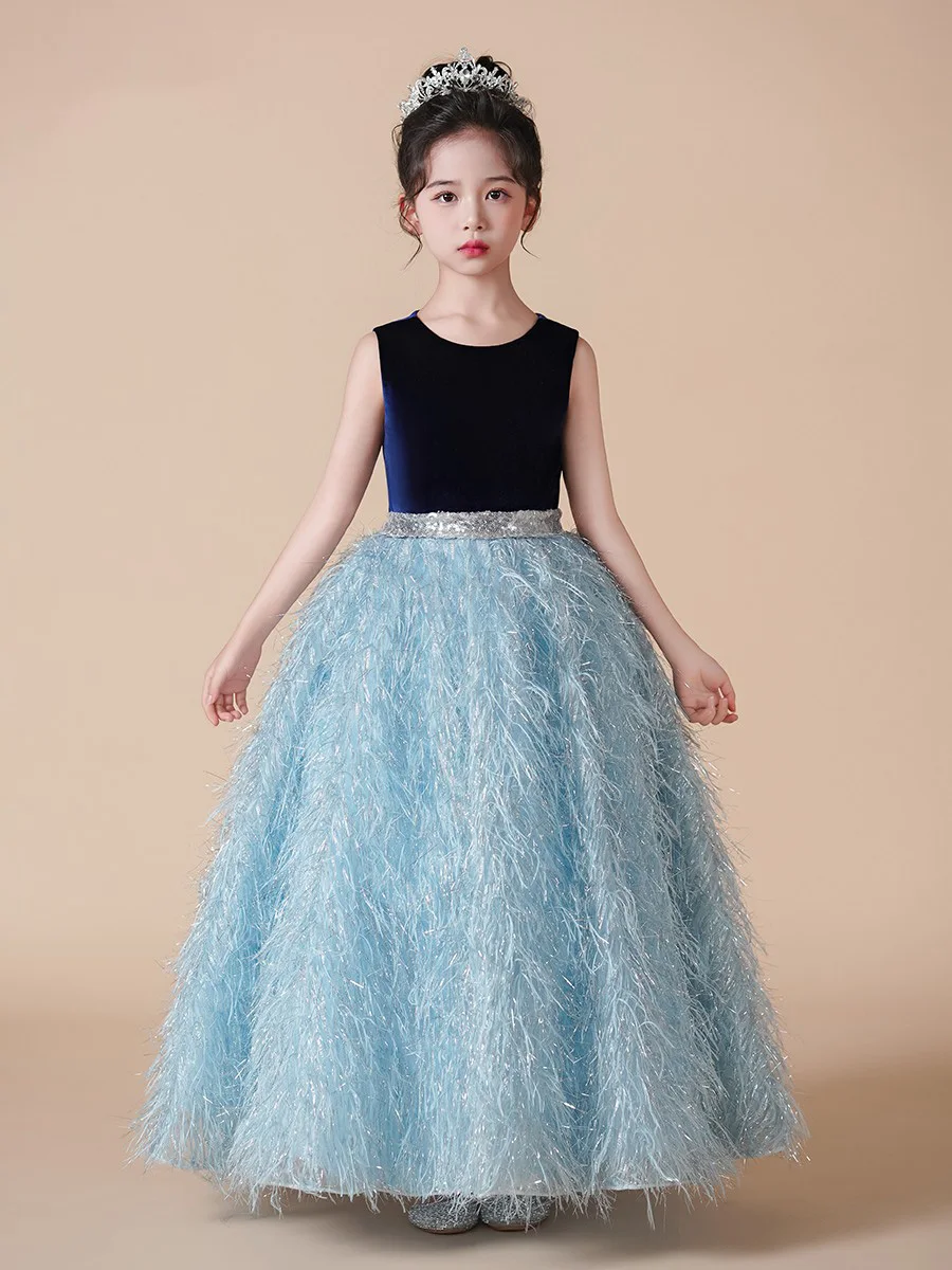 Flower girl dress blue  girl dress birthday party dinner dress bridesmaid dress floor length